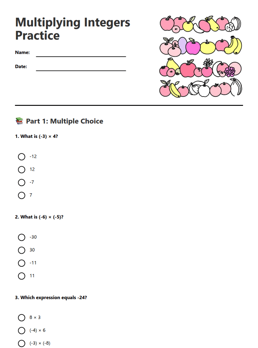 Multiplying Integers Practice