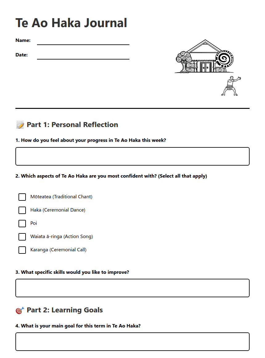 Te Ao Haka Journal worksheet preview