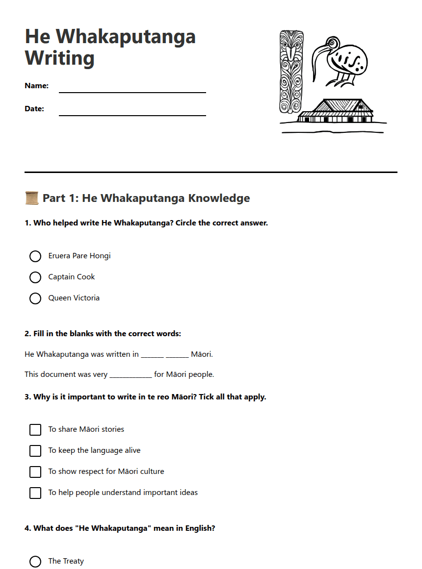 He Whakaputanga Writing worksheet preview