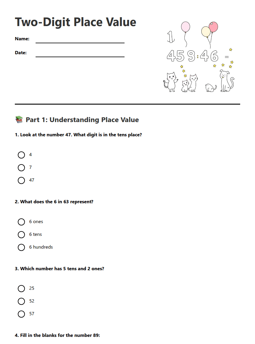 Two-Digit Place Value worksheet preview