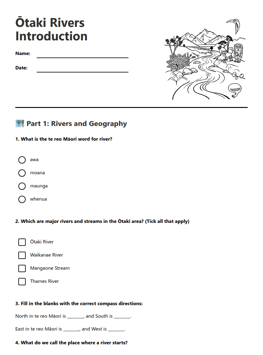 Ōtaki Rivers Introduction worksheet preview