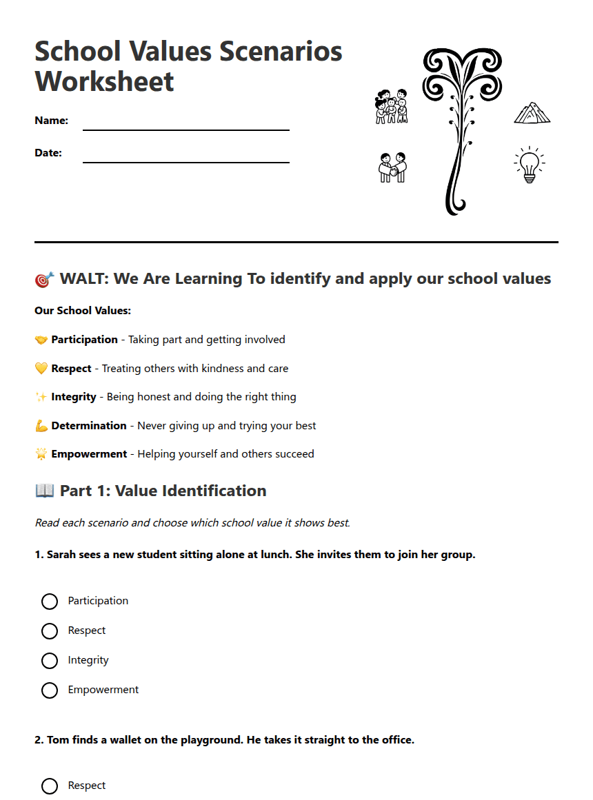 School Values Scenarios Worksheet worksheet preview