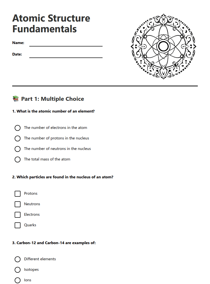 Atomic Structure Fundamentals worksheet preview