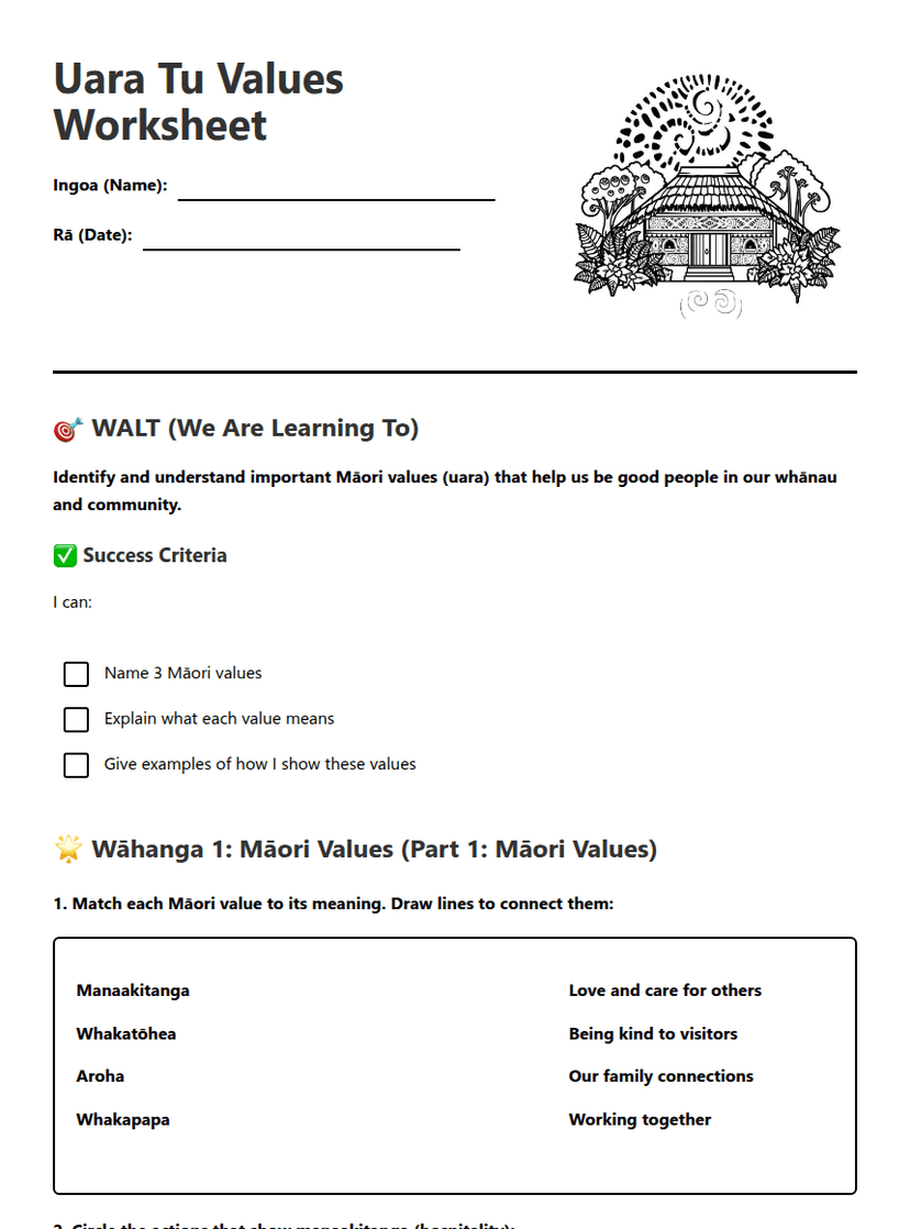 Uara Tu Values Worksheet