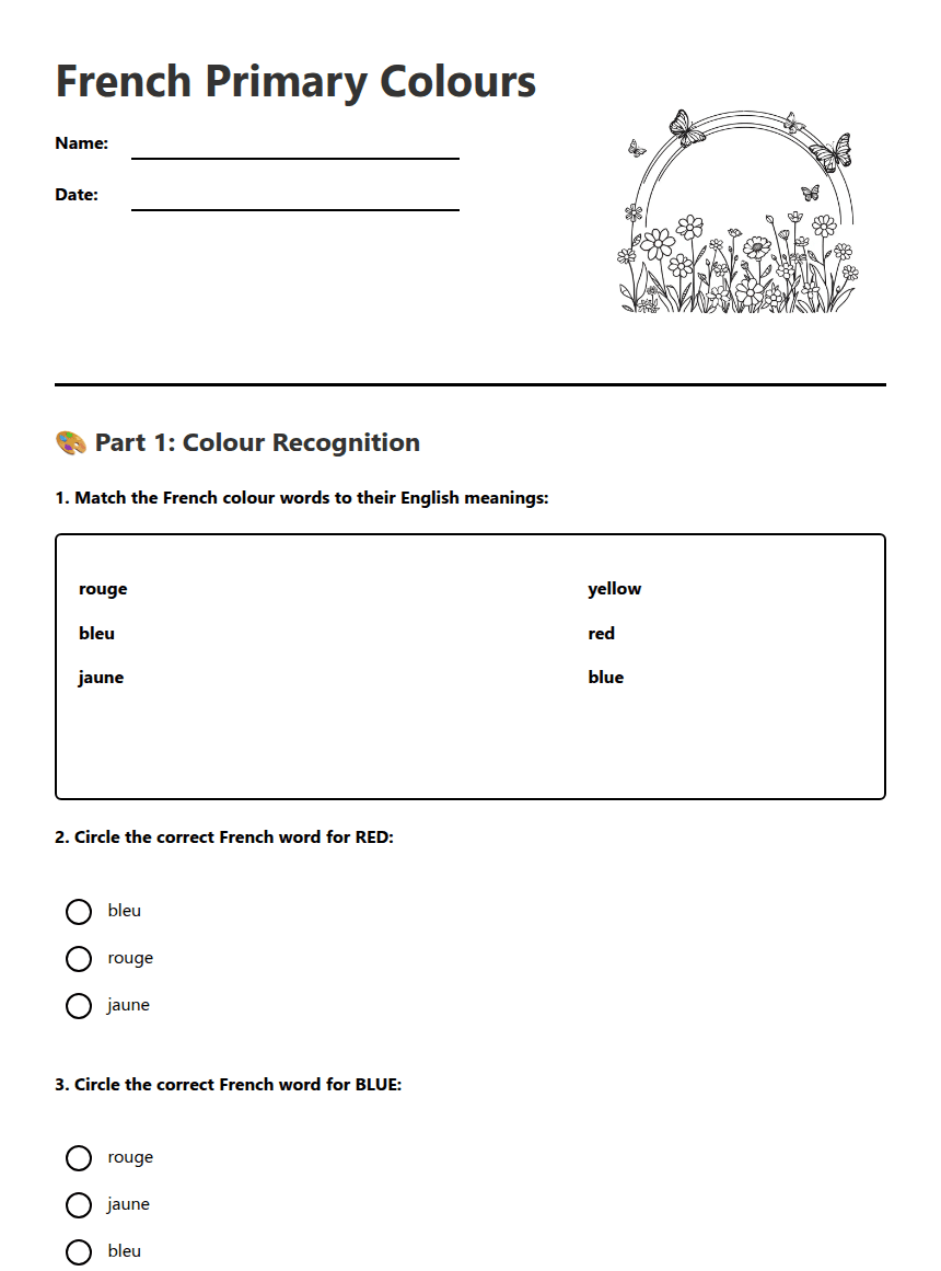 French Primary Colours worksheet preview