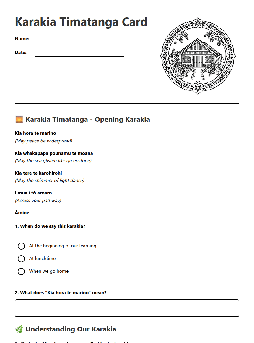 Karakia Timatanga Card worksheet preview