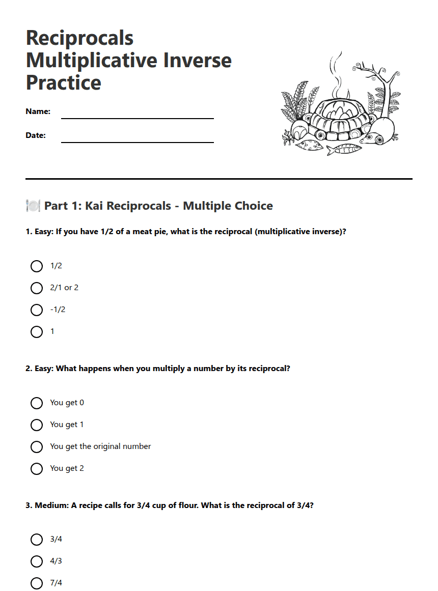 Reciprocals Multiplicative Inverse Practice worksheet preview