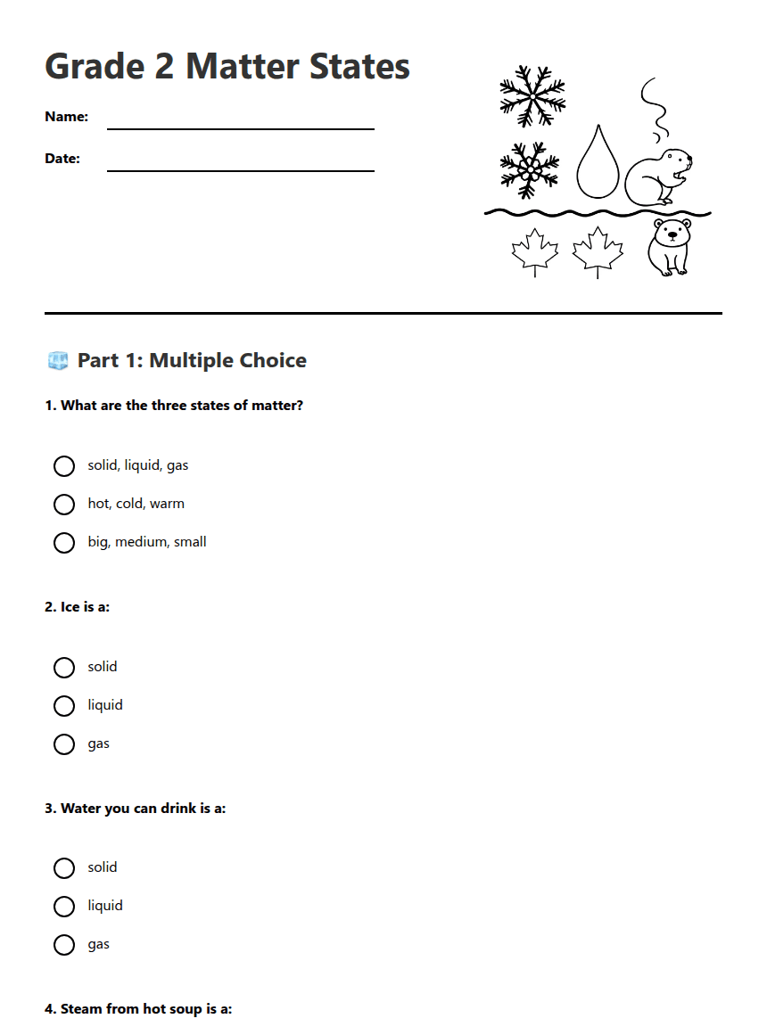 Grade 2 Matter States worksheet preview