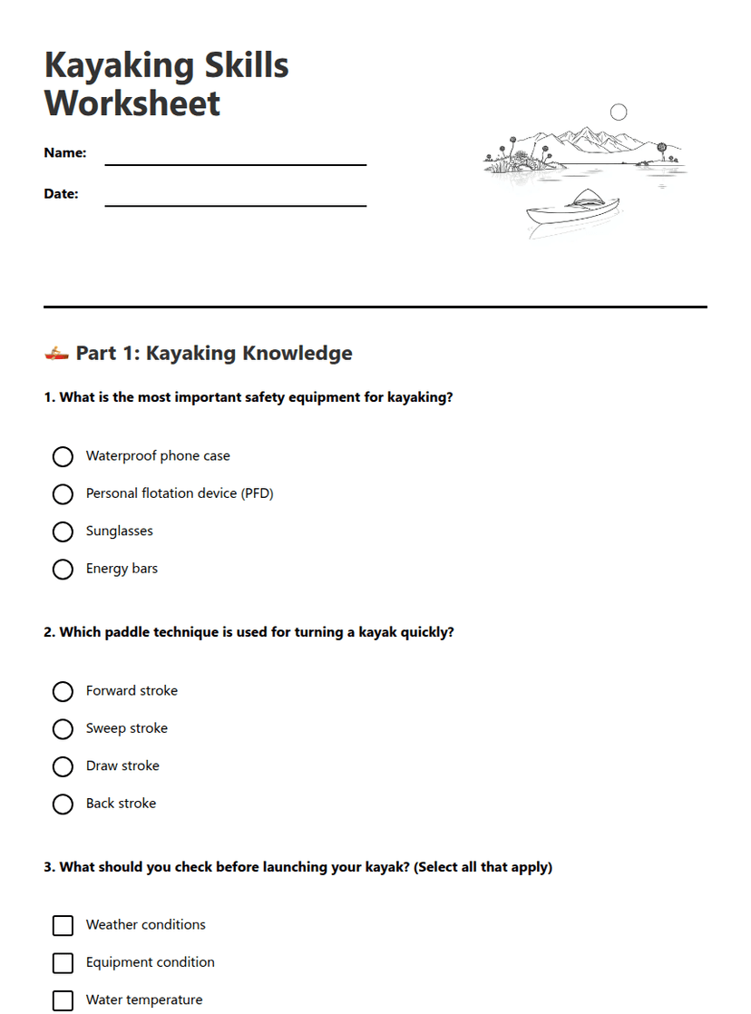 Kayaking Skills Worksheet