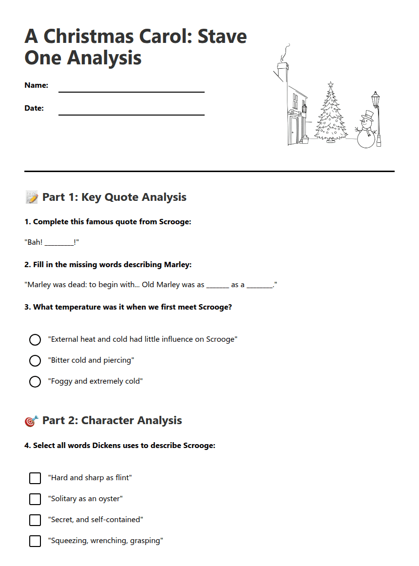 A Christmas Carol: Stave One worksheet preview