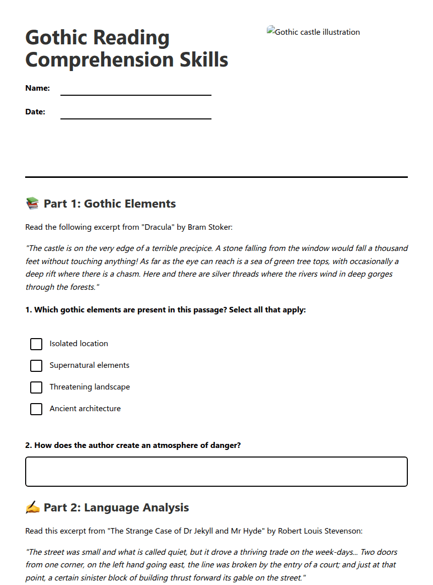 Gothic Reading Comprehension Skills worksheet preview