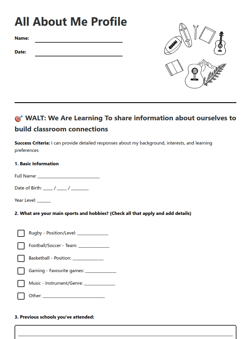 All About Me Profile worksheet preview