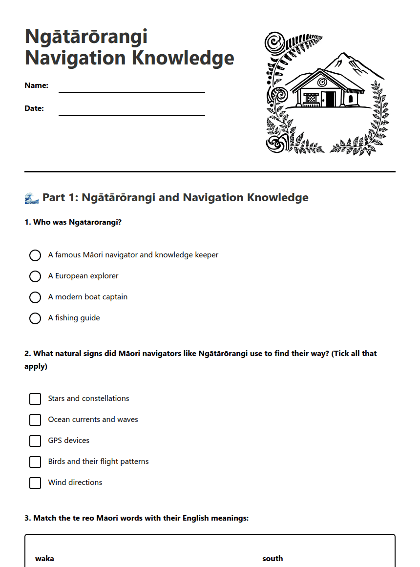 Ngātārōrangi Navigation Knowledge worksheet preview