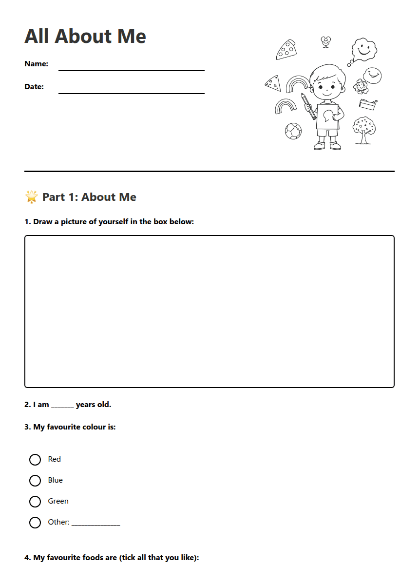 All About Me worksheet preview
