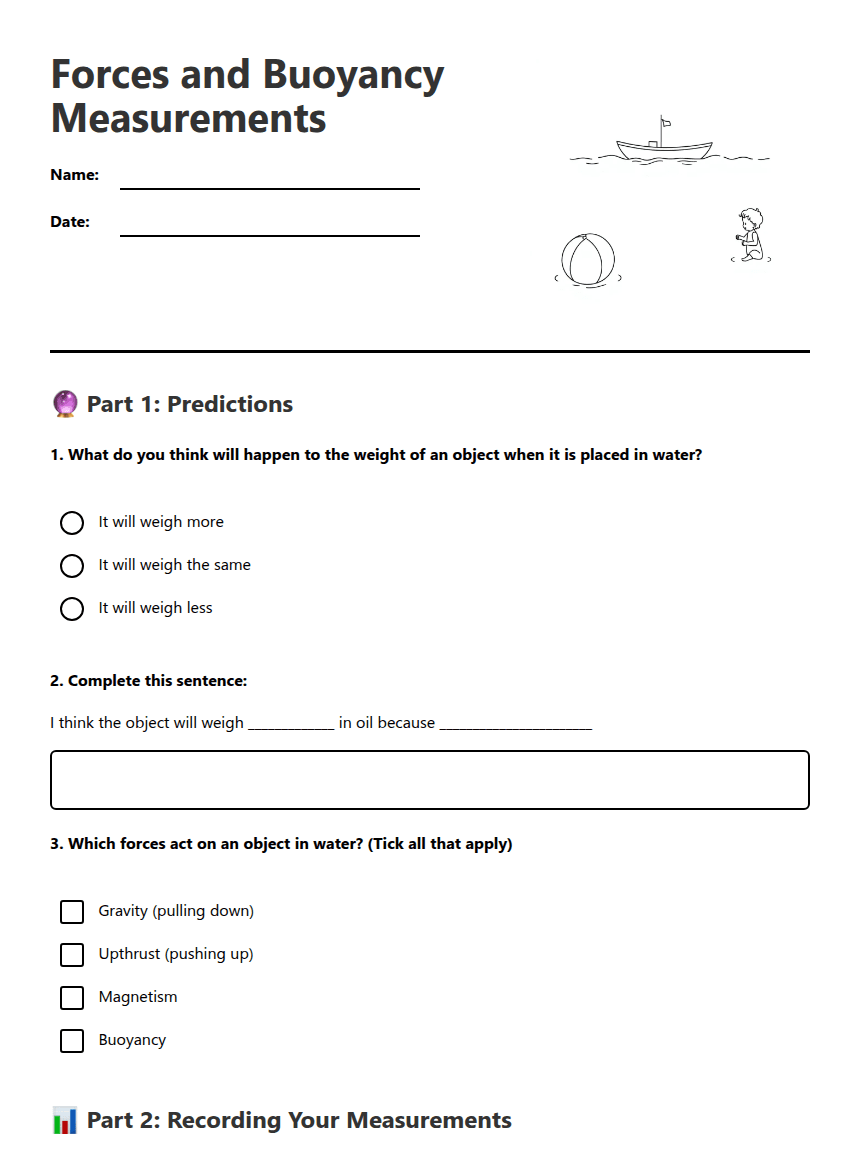 Forces and Buoyancy Measurements worksheet preview