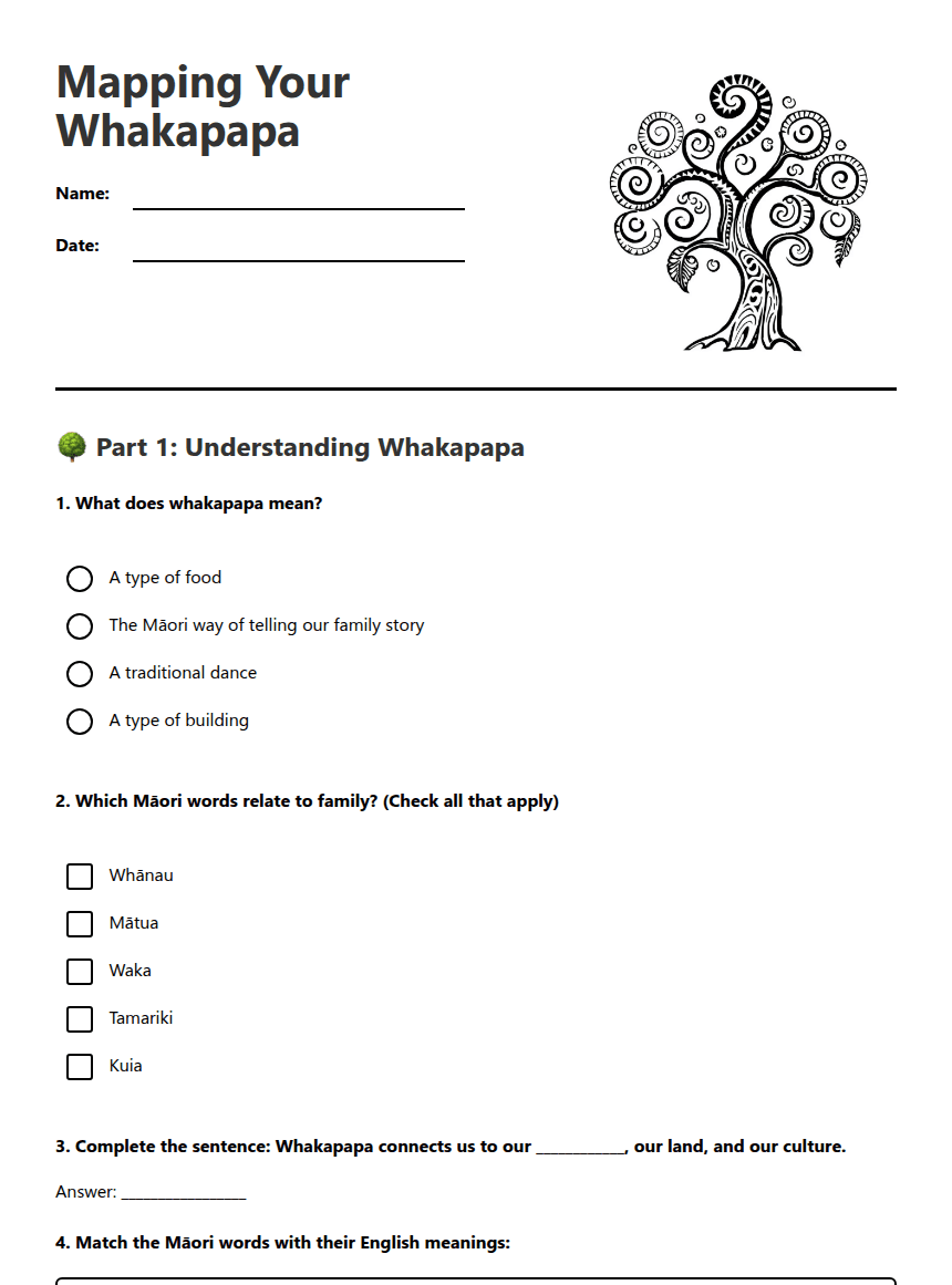 Mapping Your Whakapapa worksheet preview