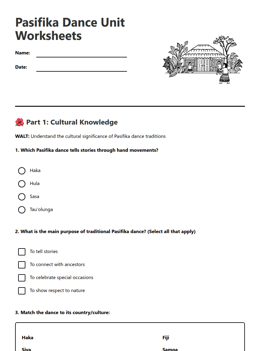 Pasifika Dance Unit Worksheets worksheet preview