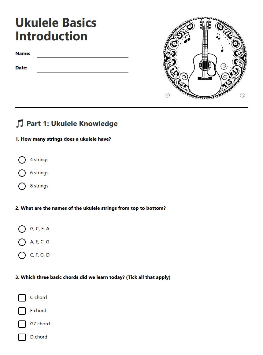 Ukulele Basics Introduction worksheet preview