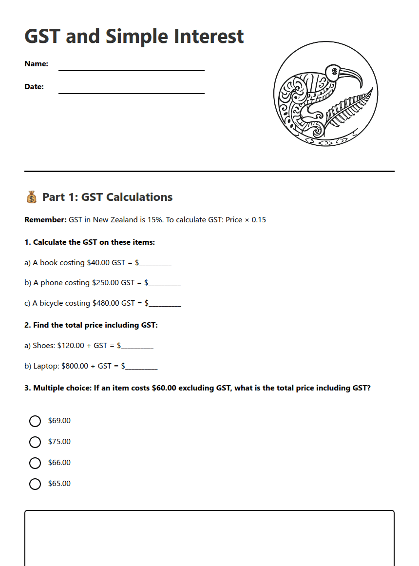 GST and Simple Interest worksheet preview