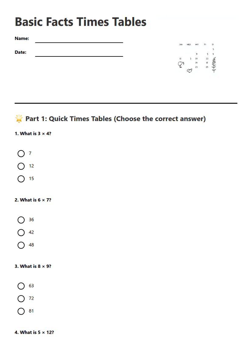 Basic Facts Times Tables