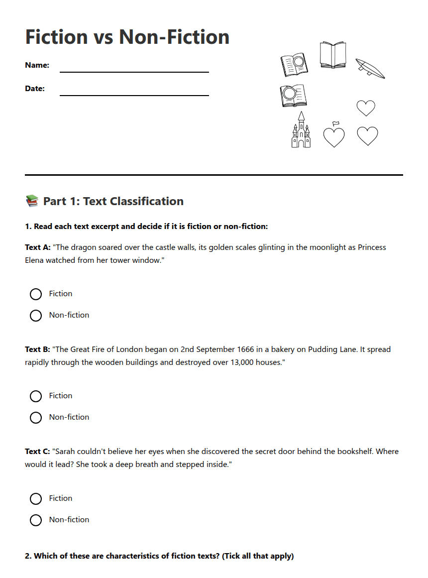 Fiction vs Non-Fiction worksheet preview