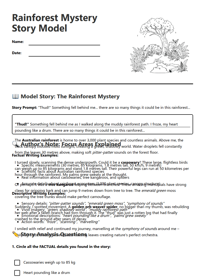 Rainforest Mystery Story Model worksheet preview