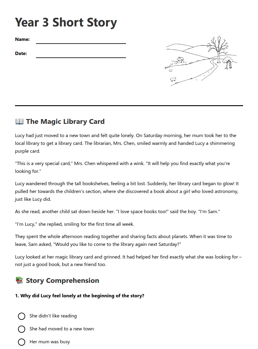 Year 3 Short Story worksheet preview