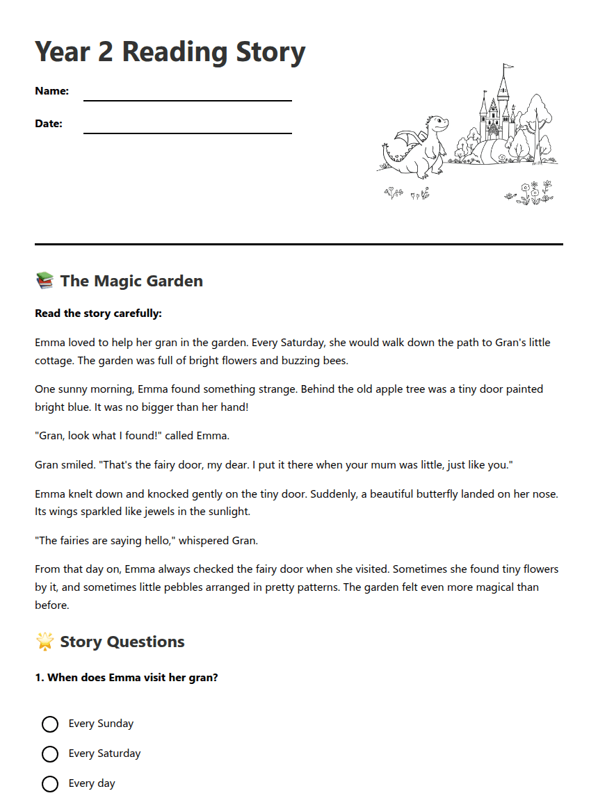 Year 2 Reading Story worksheet preview