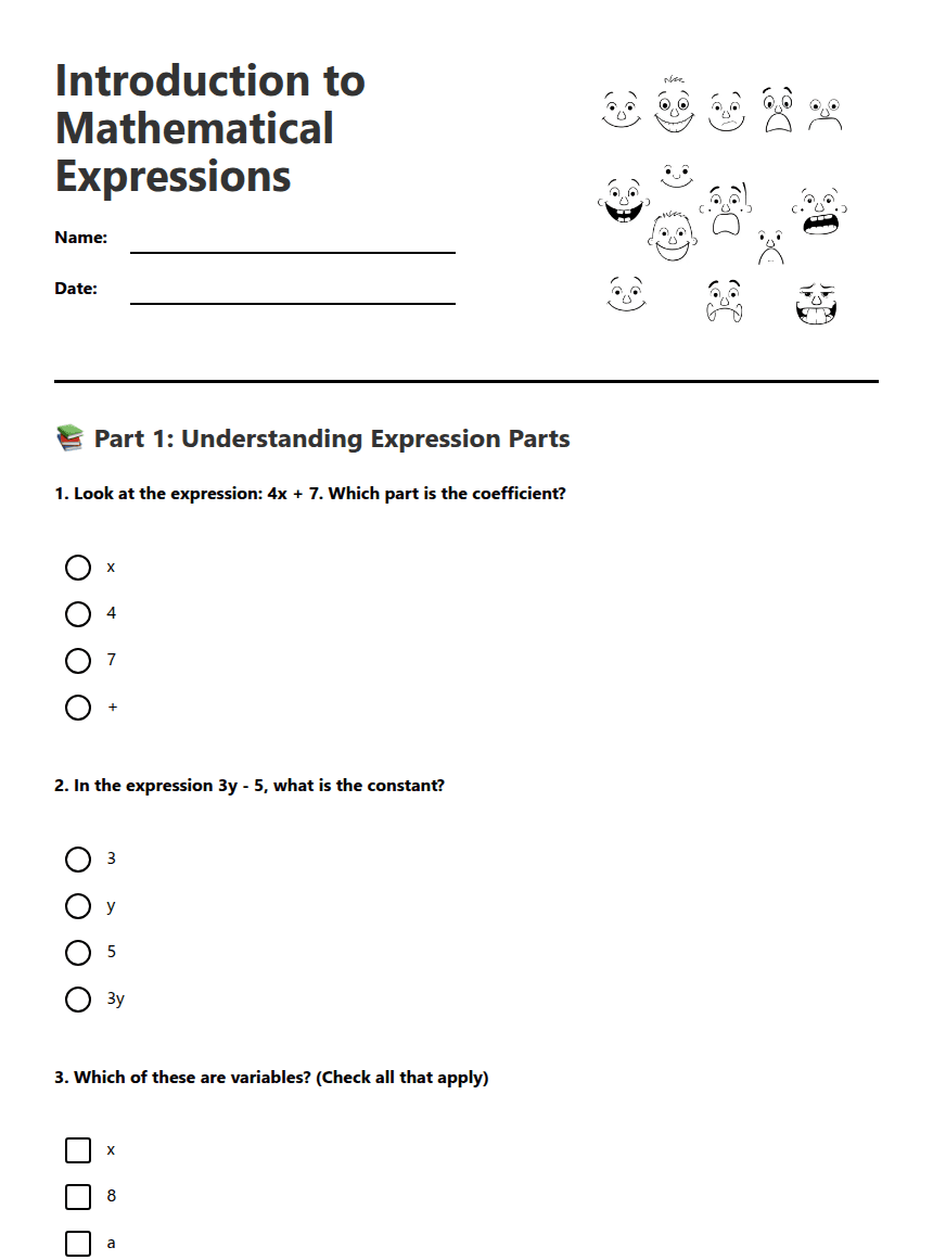 Introduction to Mathematical Expressions worksheet preview