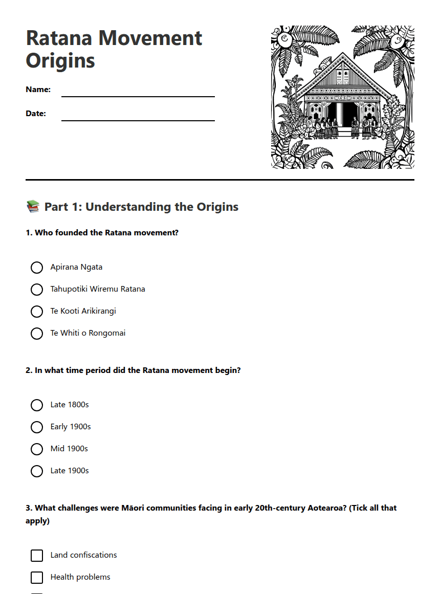 Ratana Movement Origins worksheet preview