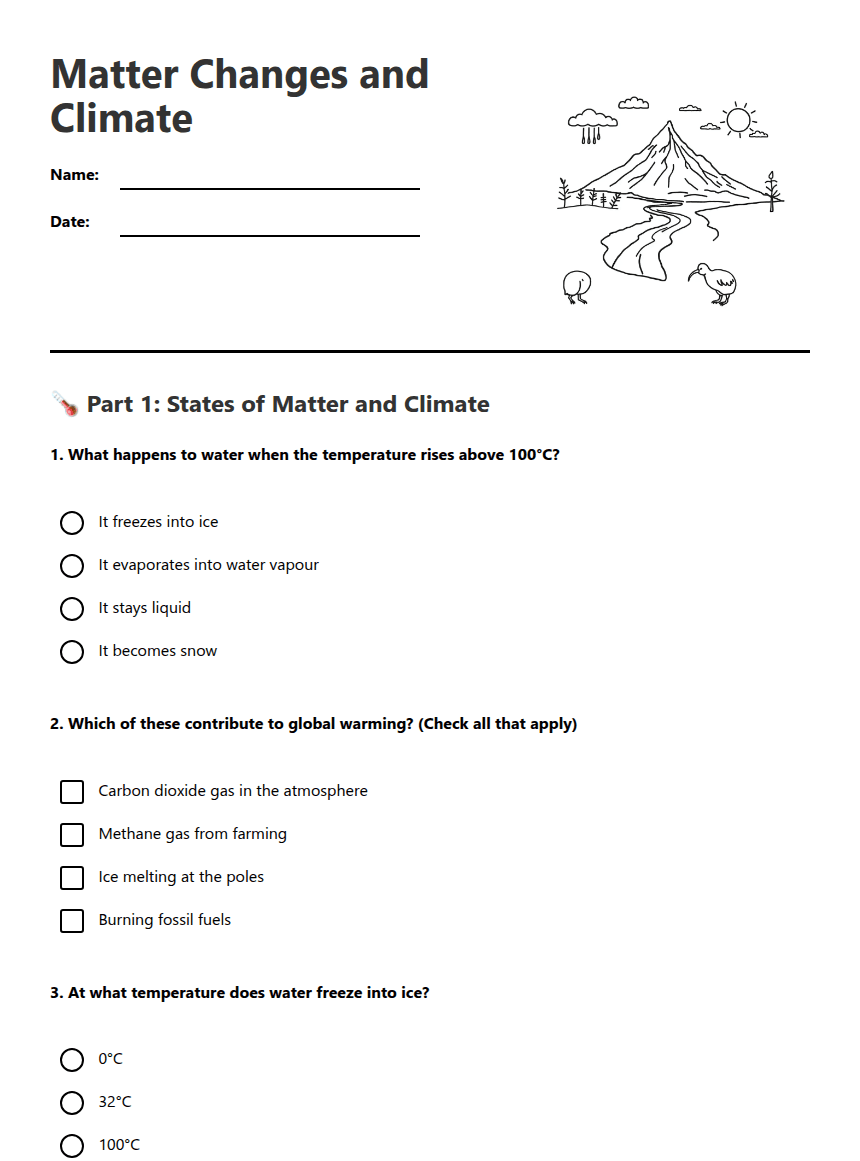 Matter Changes and Climate worksheet preview