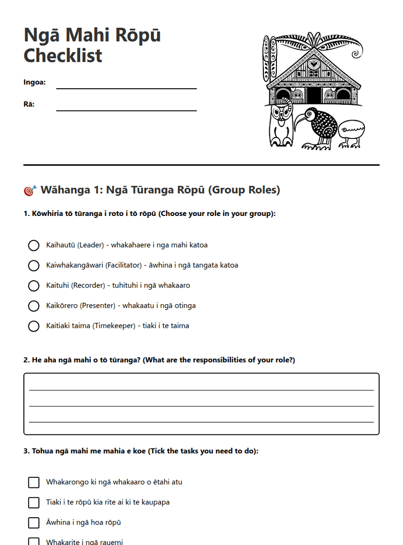 Ngā Mahi Rōpū Checklist