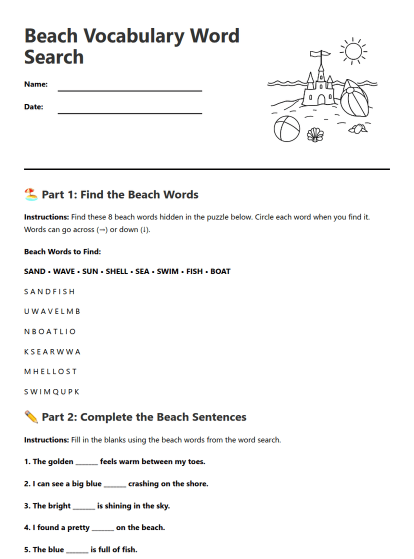 Beach Vocabulary Word Search