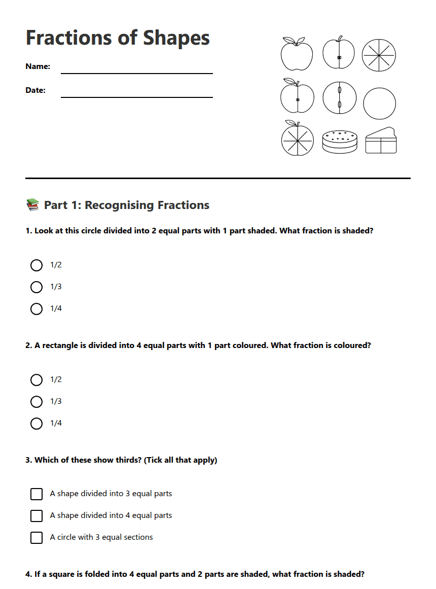 Fractions of Shapes worksheet preview