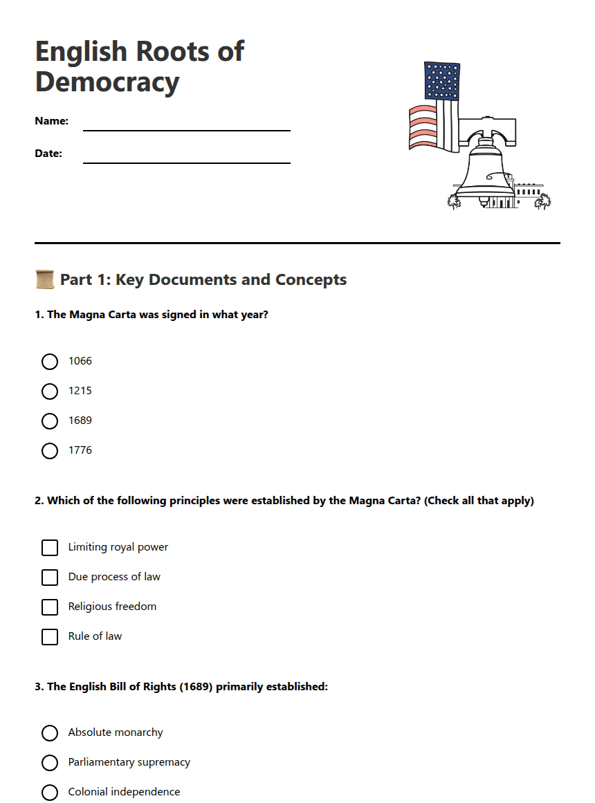 English Roots of Democracy worksheet preview