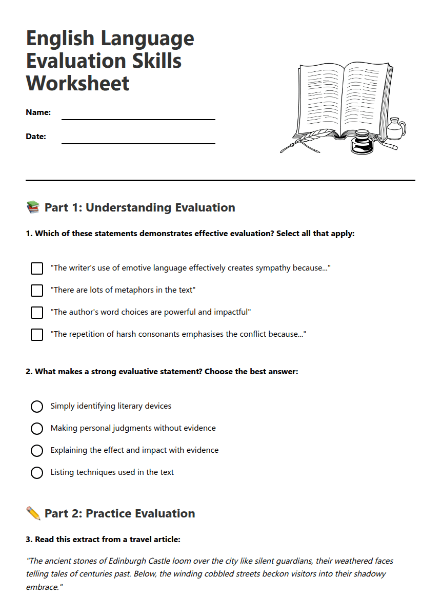 English Evaluation Skills Worksheet worksheet preview