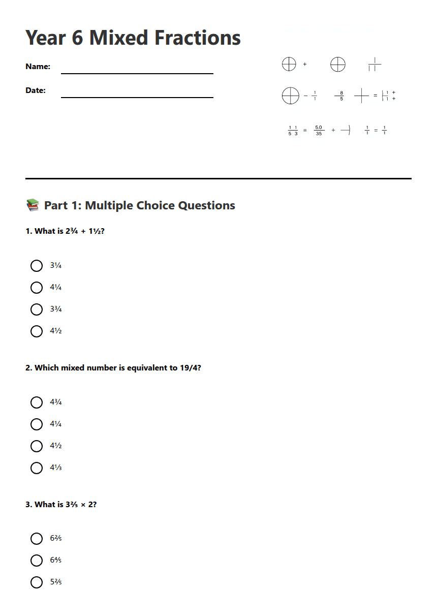 Year 6 Mixed Fractions worksheet preview