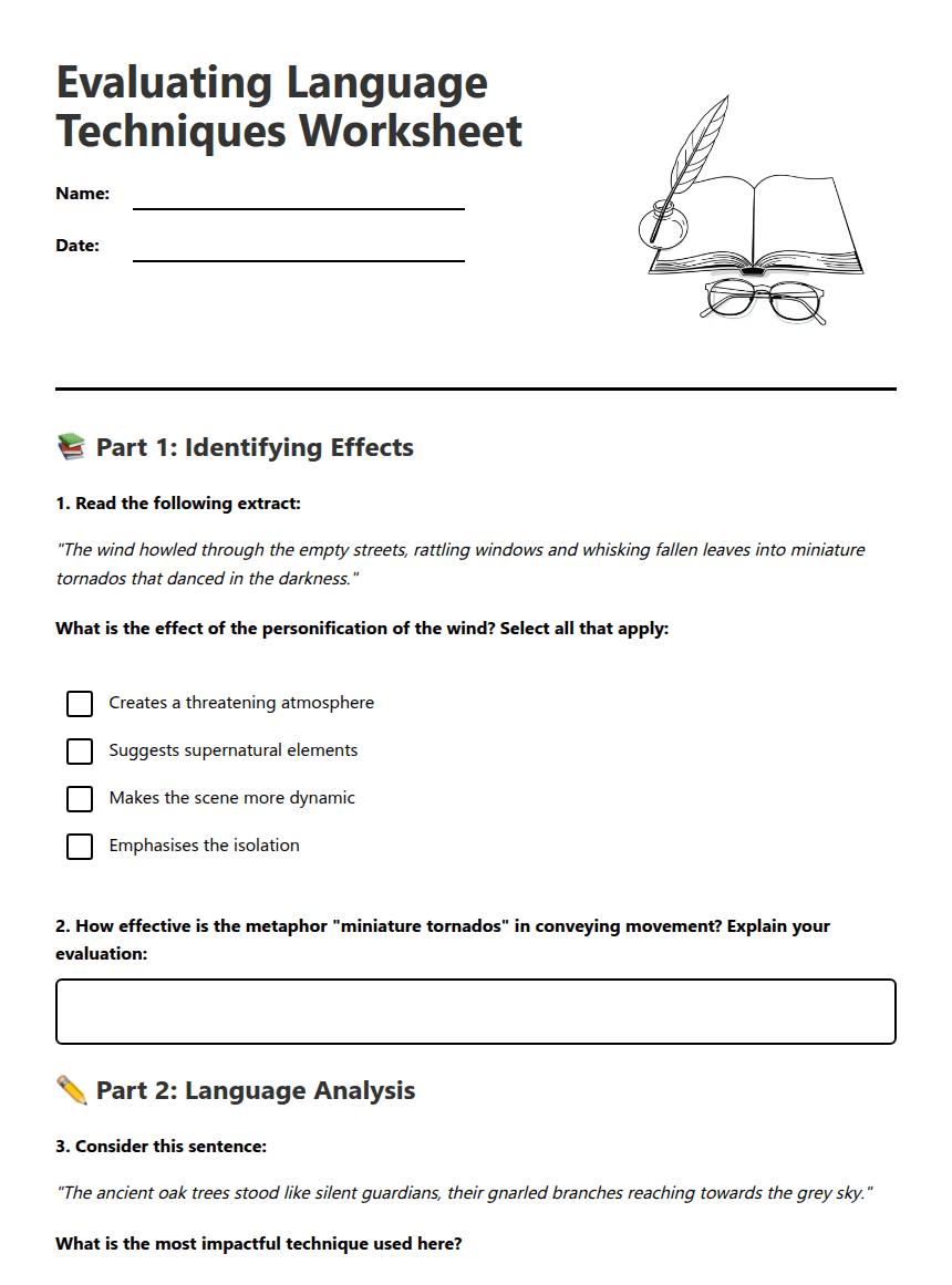 Evaluating Language Techniques Worksheet worksheet preview