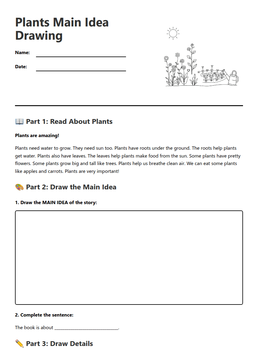 Plants Main Idea Drawing worksheet preview