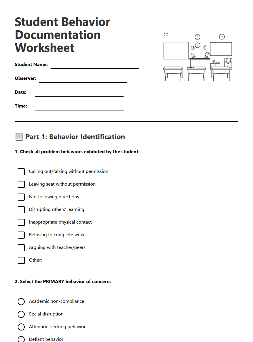 Student Behavior Documentation Worksheet worksheet preview