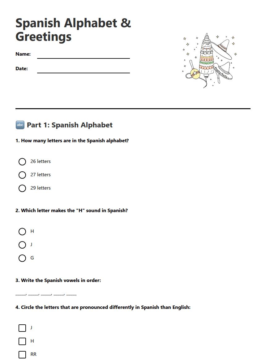 Spanish Alphabet & Greetings worksheet preview