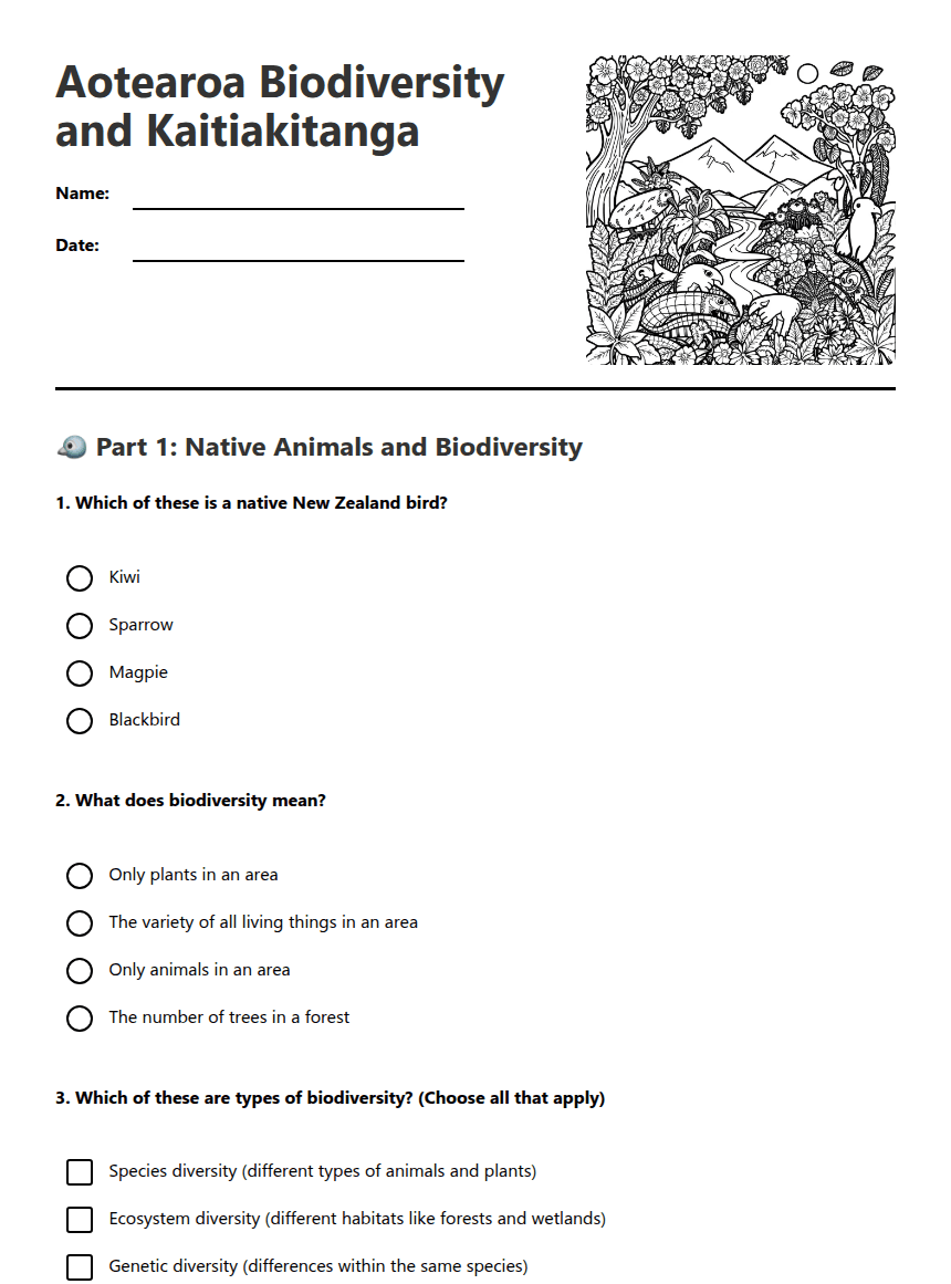 Aotearoa Biodiversity and Kaitiakitanga worksheet preview