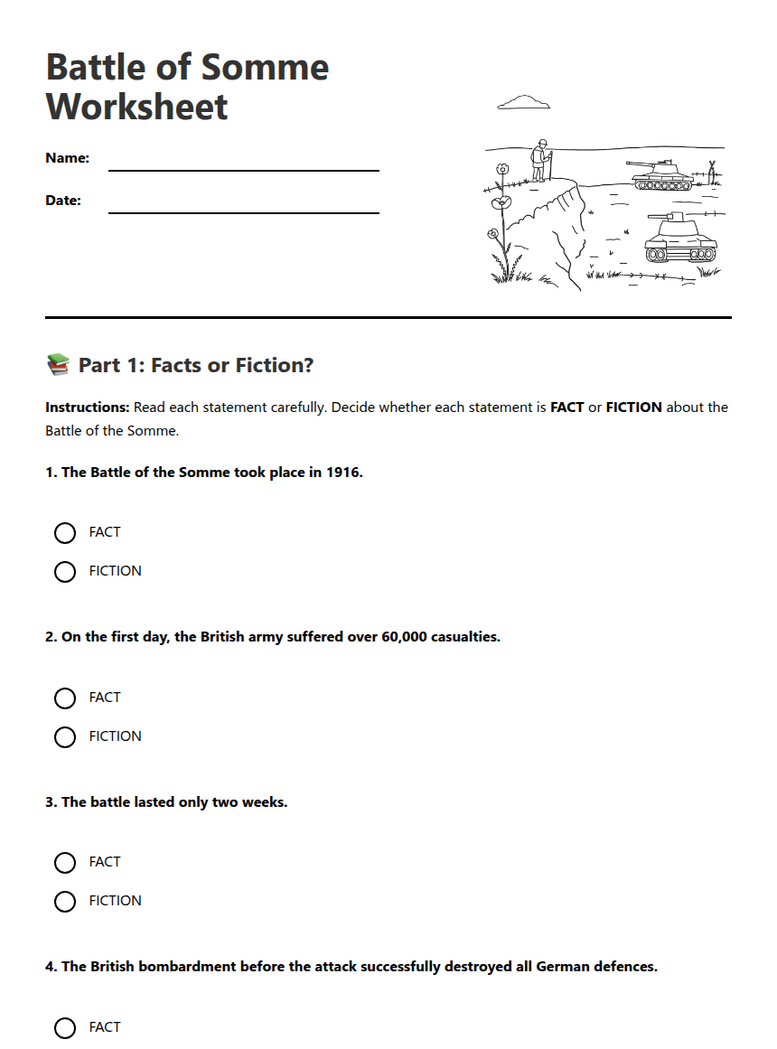Battle of Somme Worksheet worksheet preview