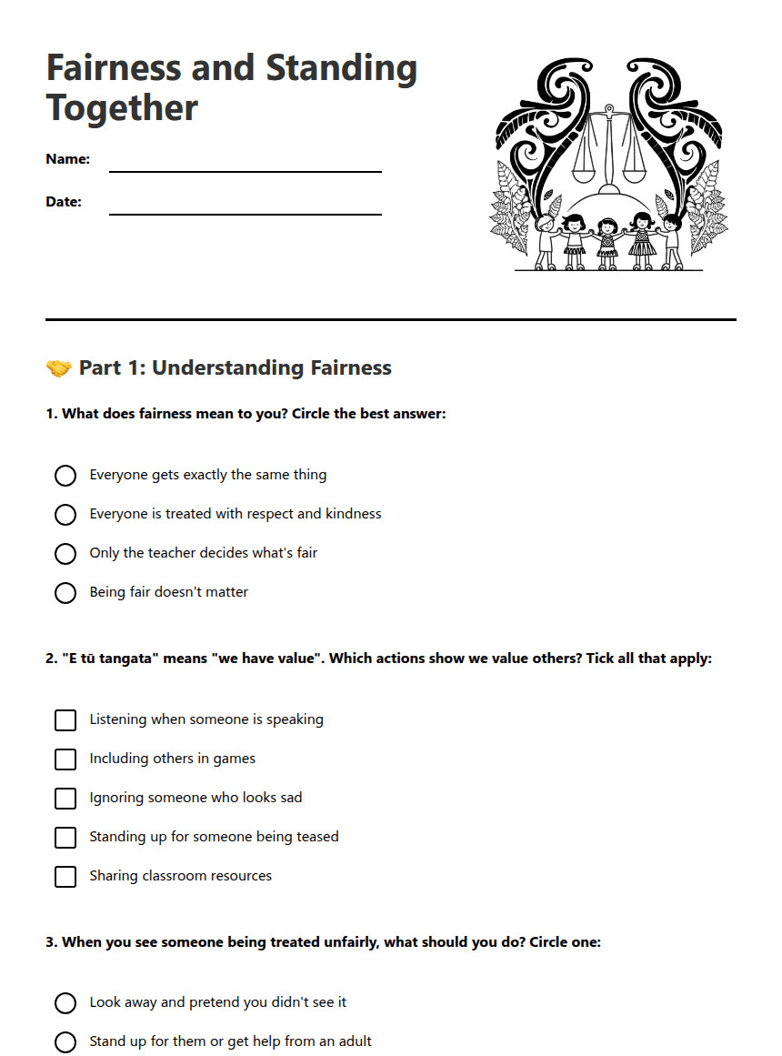 Fairness and Standing Together worksheet preview