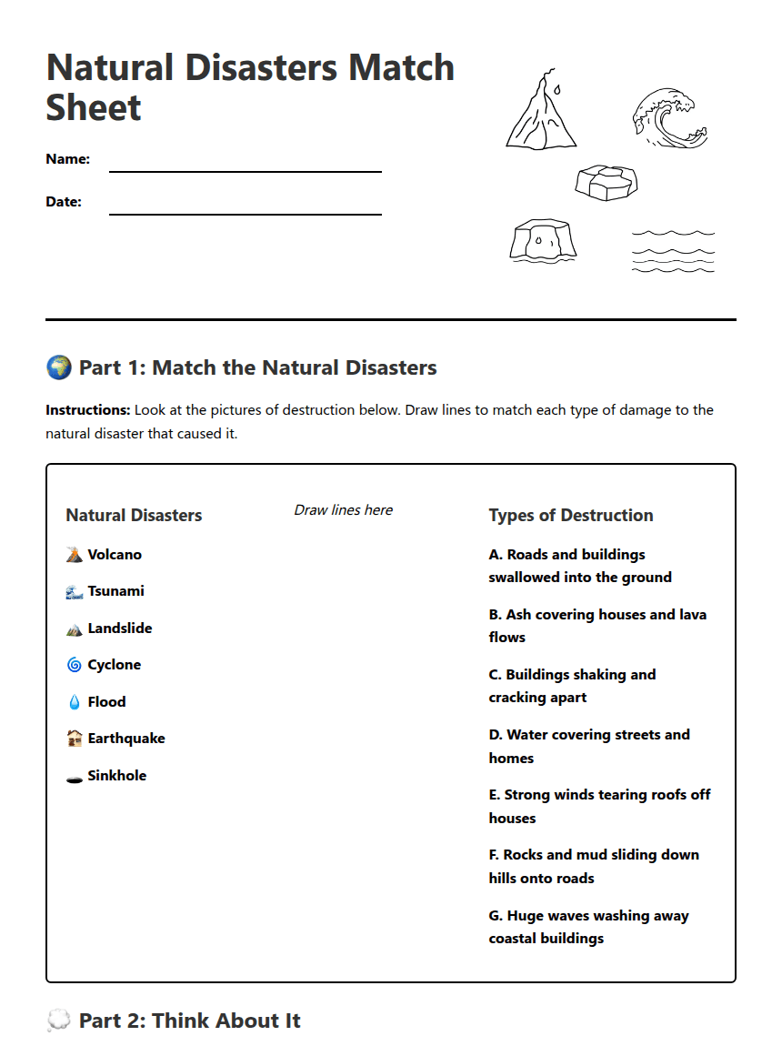 Natural Disasters Match Sheet worksheet preview