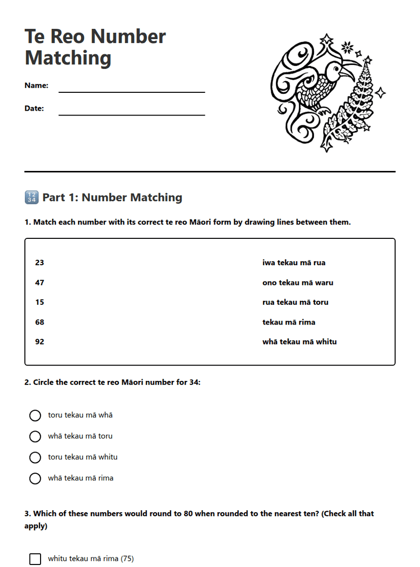 Te Reo Number Matching