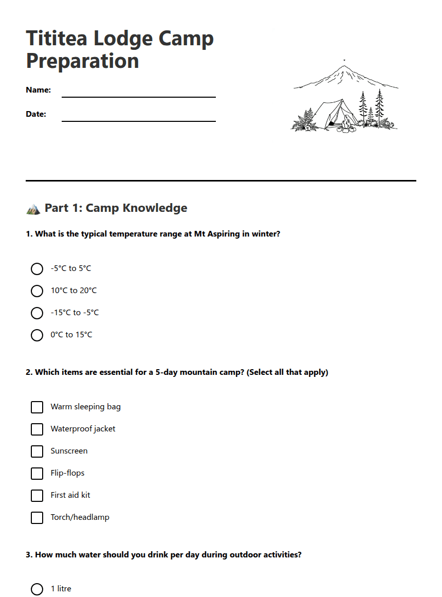 Tititea Lodge Camp Preparation worksheet preview