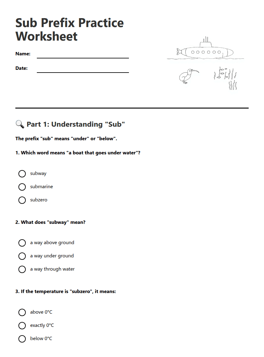 Sub Prefix Practice Worksheet worksheet preview