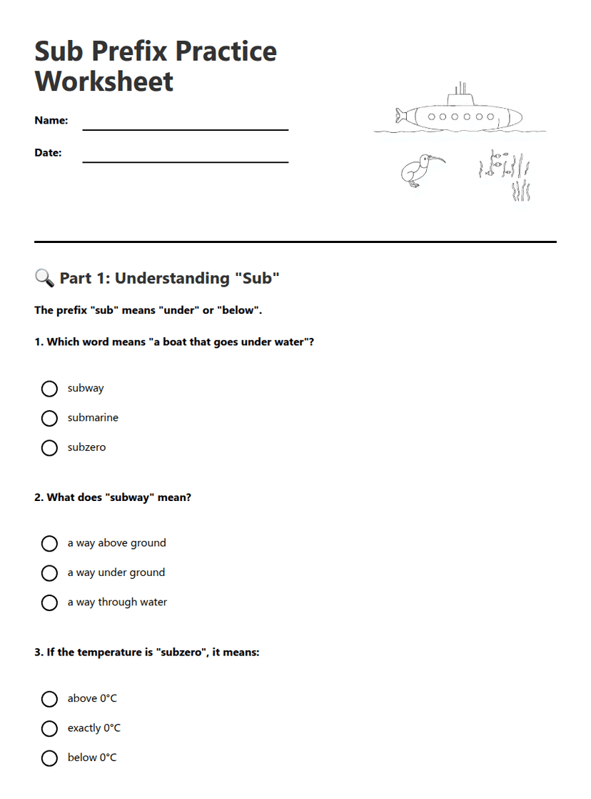Sub Prefix Practice Worksheet