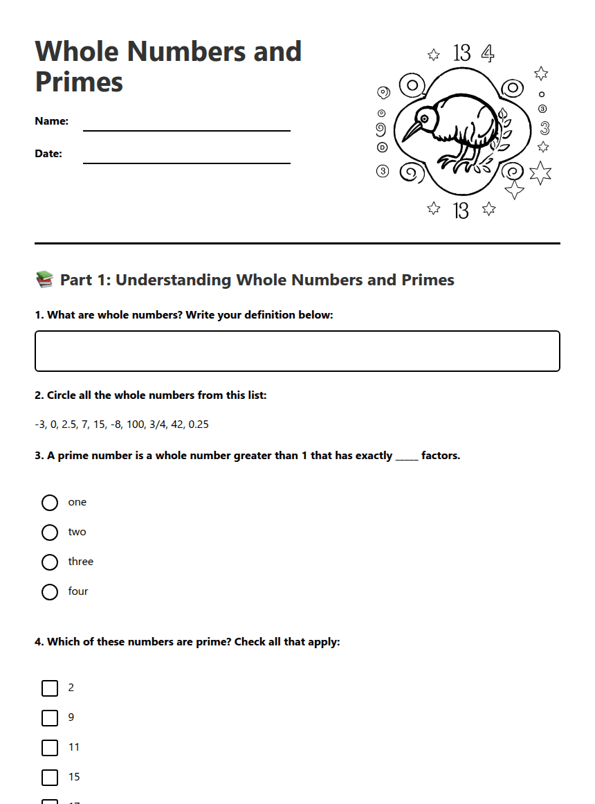 Whole Numbers and Primes worksheet preview